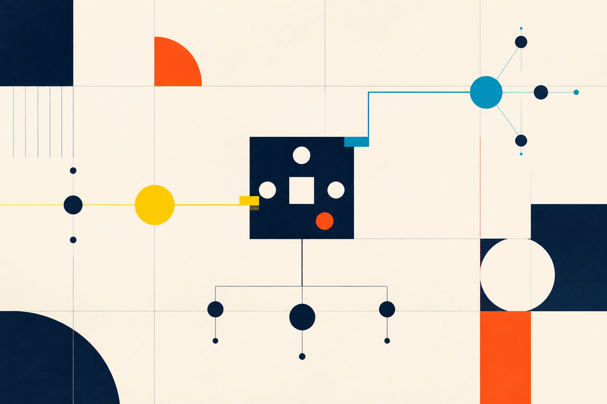 Abstract Swiss-style network of geometric rooms, circles and connecting lines
