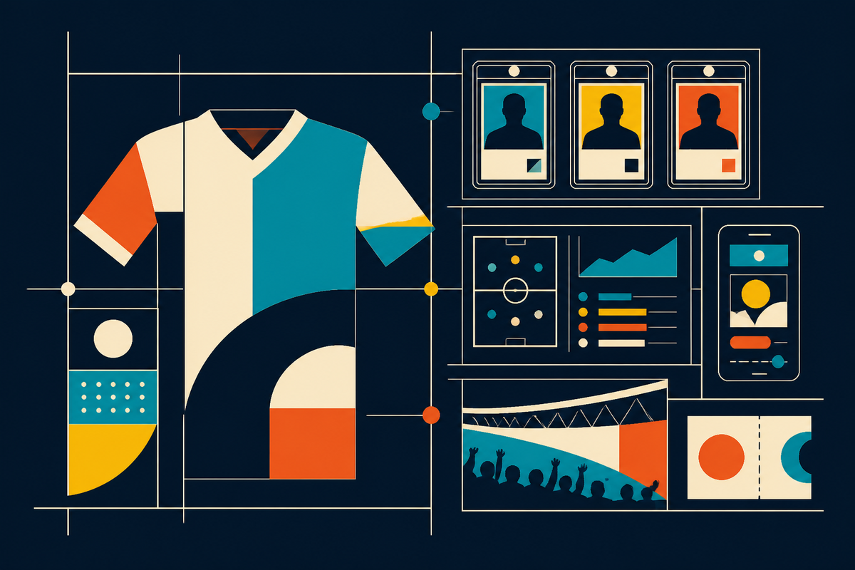 Abstract Swiss-style composition linking a jersey, trading cards, a stadium, data panels and a mobile screen
