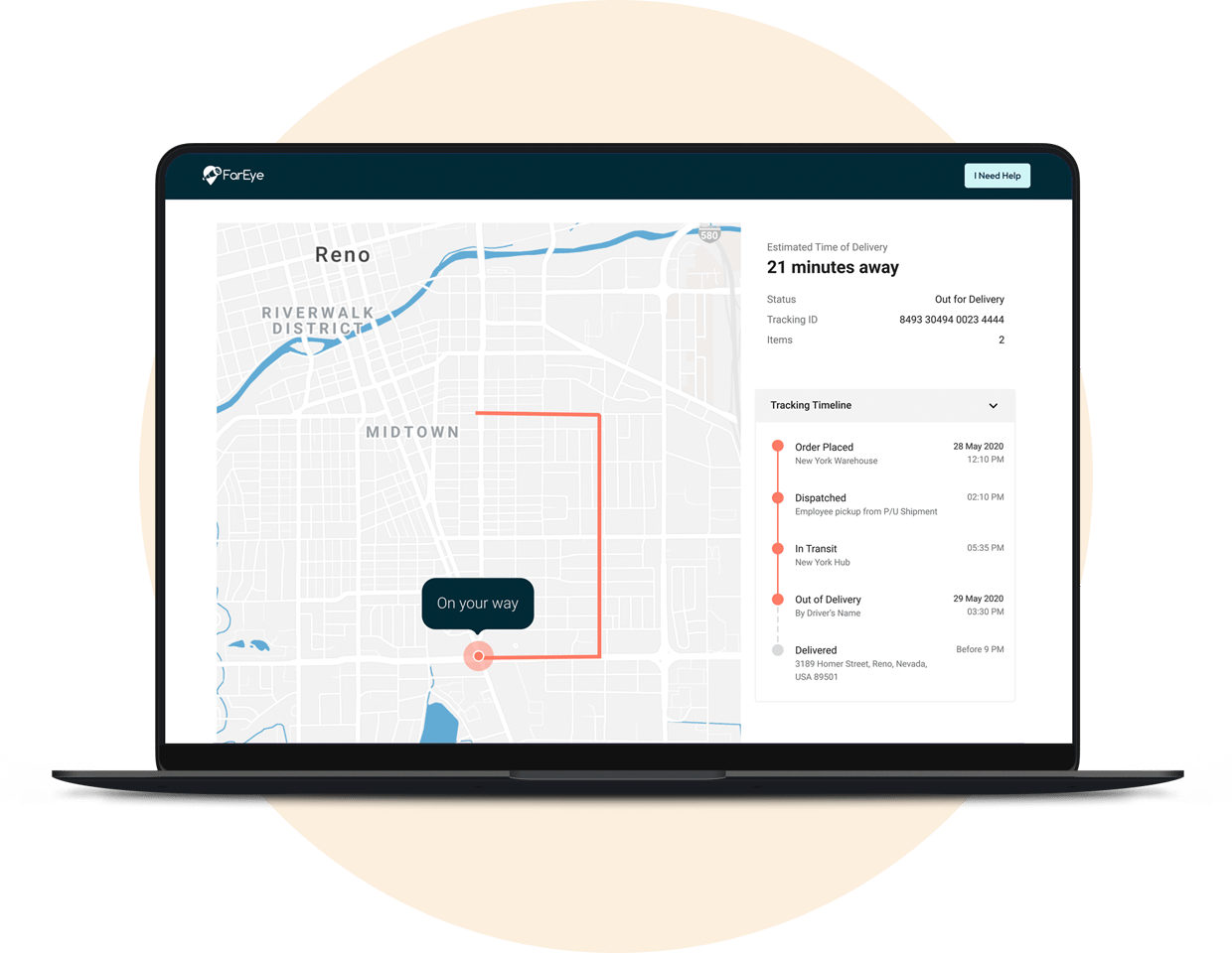Illustrative FarEye tracking interface showing a route map, delivery estimate and shipment timeline
