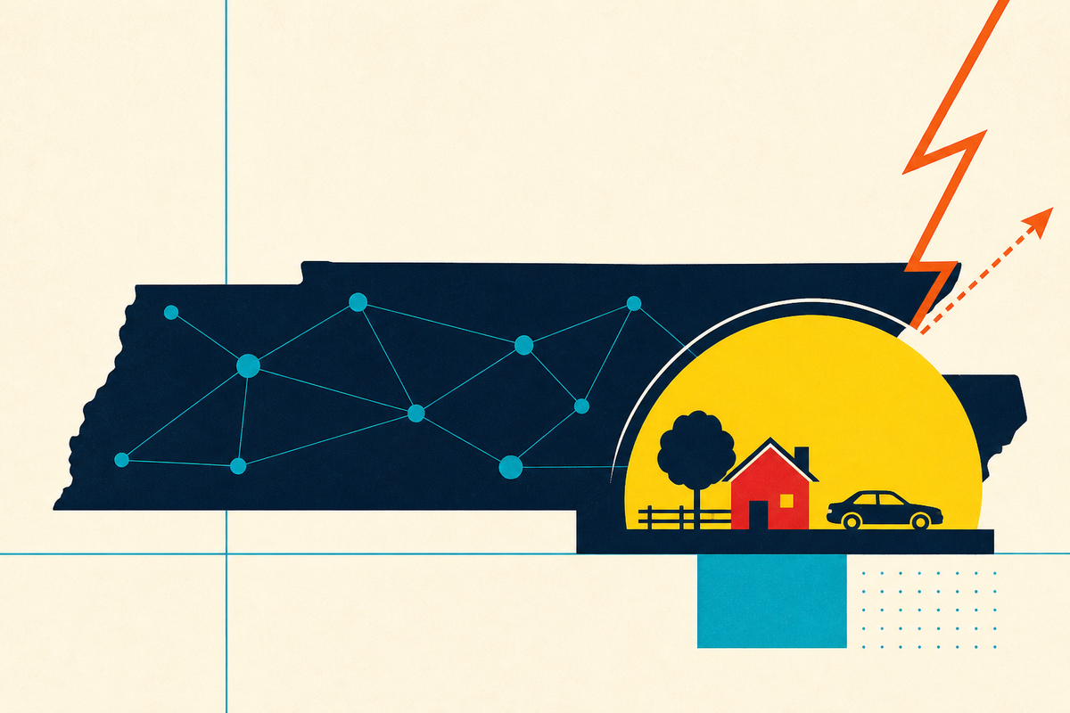 Abstract Swiss-style illustration of Tennessee, connected offices, a protected home and car, and a diverted storm
