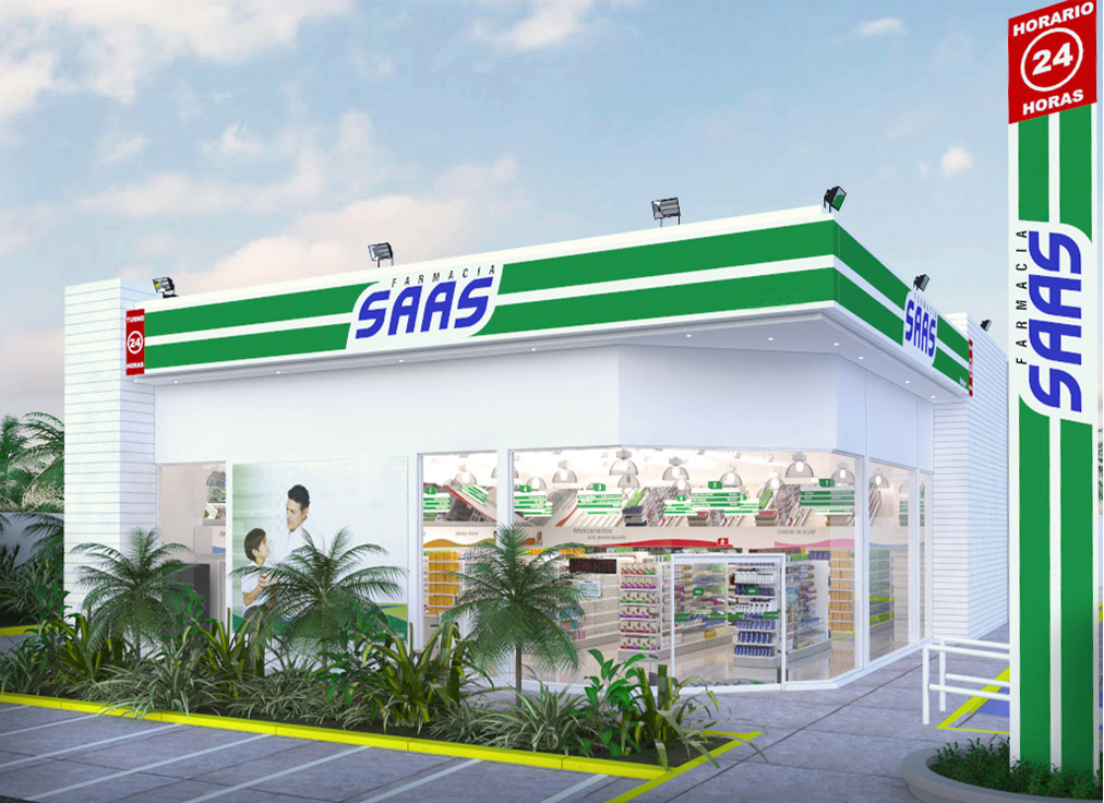 Architectural rendering of a Farmacia SAAS storefront with broad windows and green signage