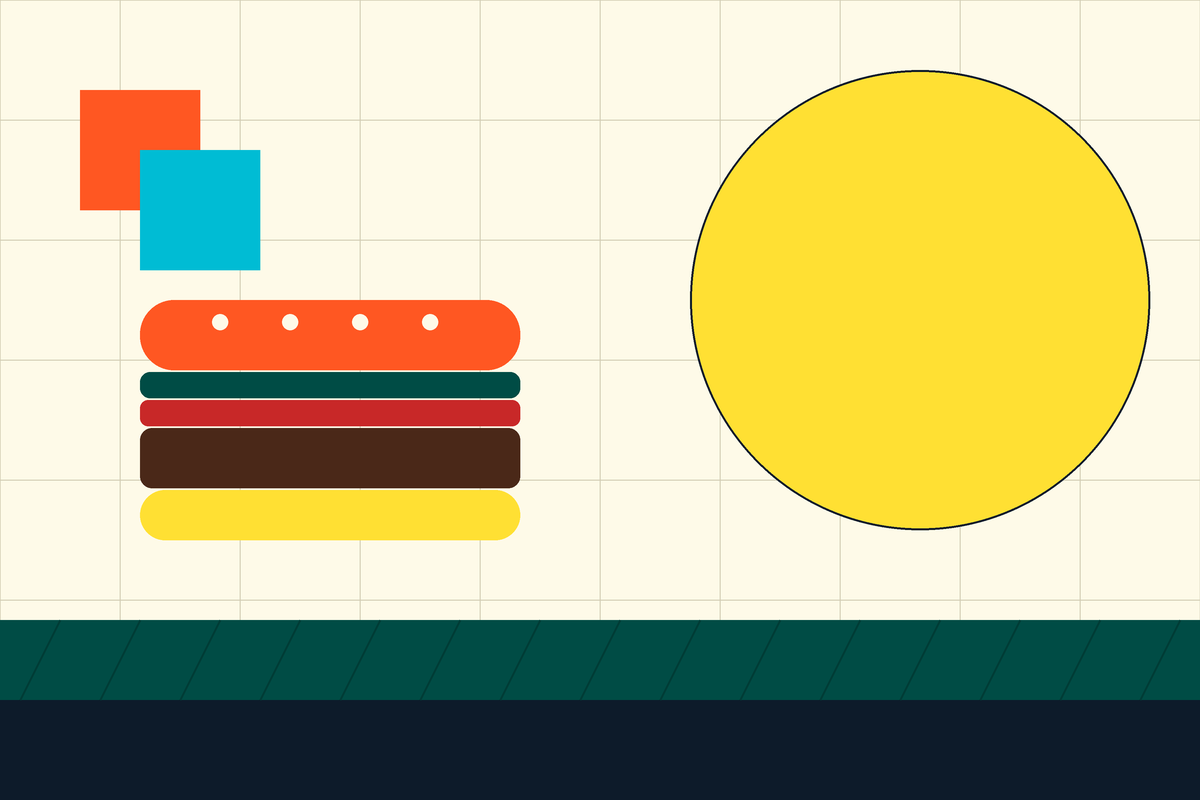 Swiss-style graphic of a stacked burger, a sun and green fields