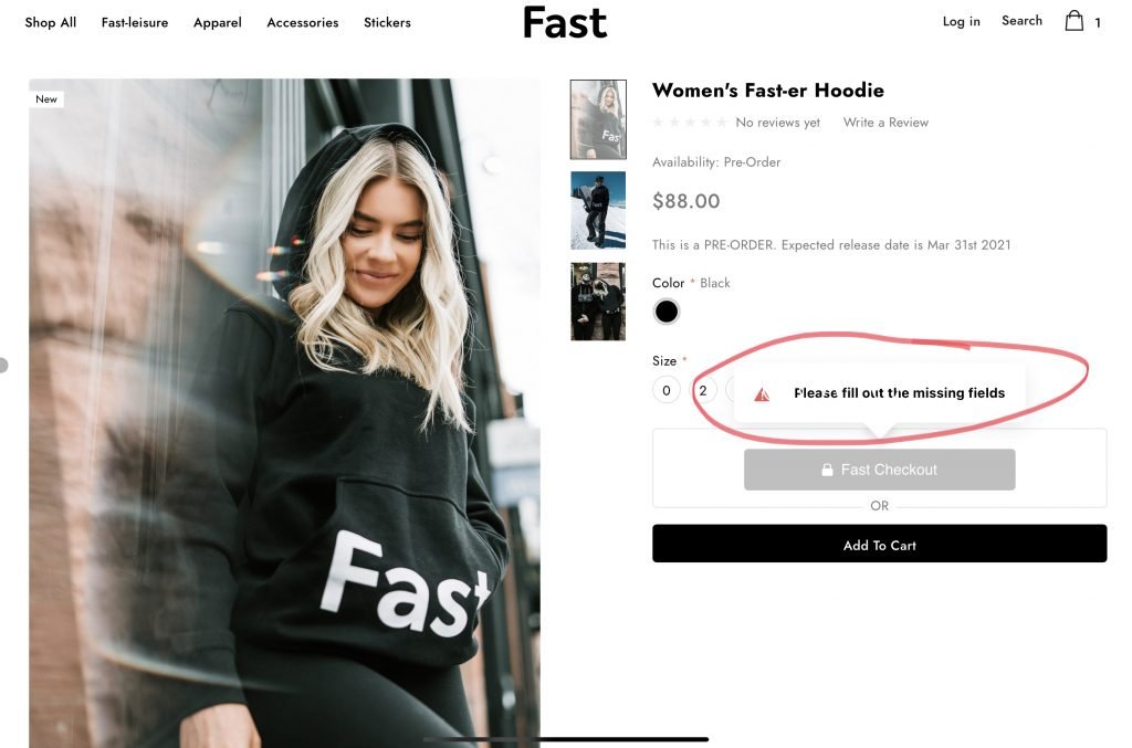 Fast merchandise product page showing a Fast Checkout button and a form error