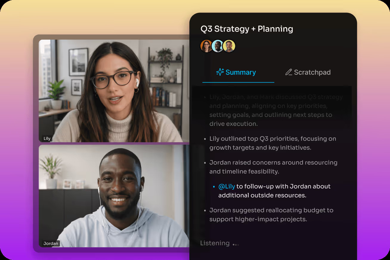 Fathom live meeting summary beside a two-person video call