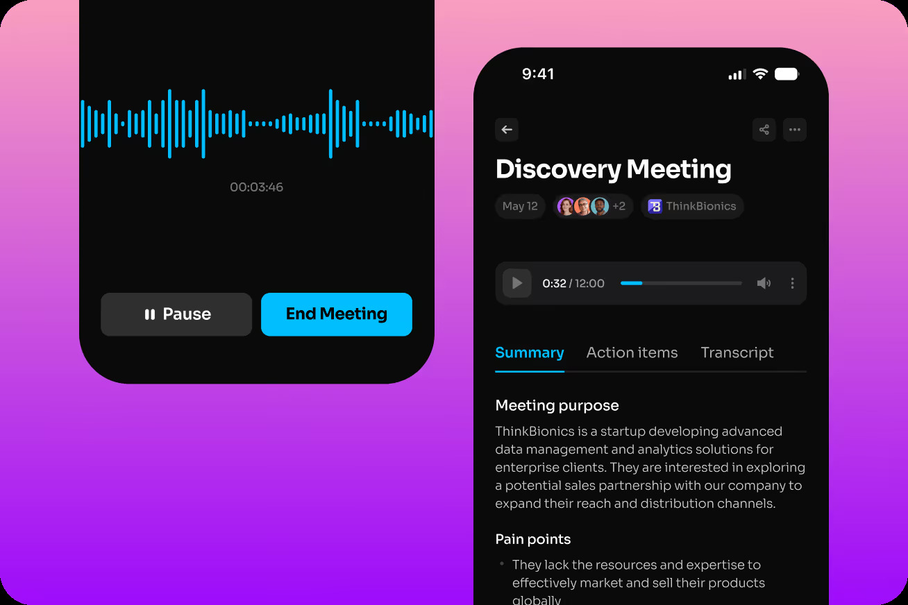 Fathom iOS app recording and summarizing an in-person discovery meeting