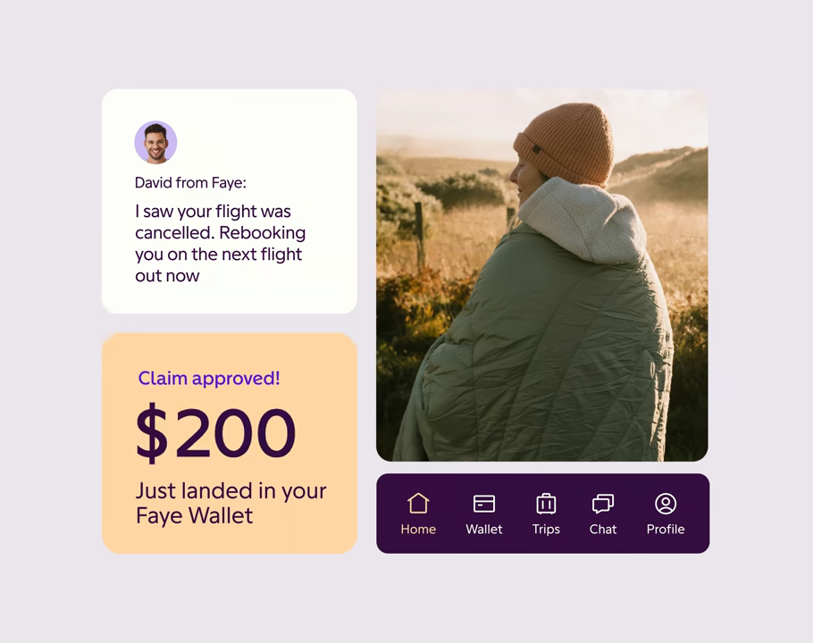 Faye promotional illustration showing a support message and a $200 wallet reimbursement