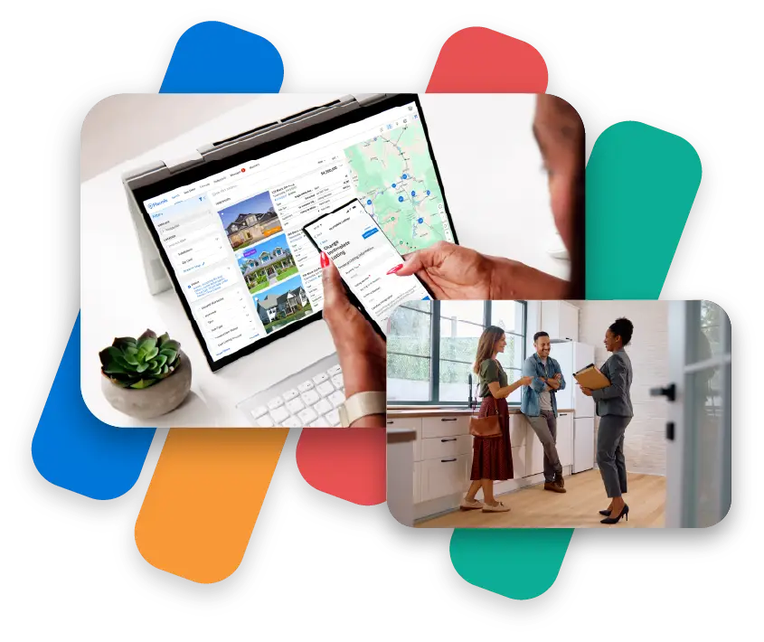Flexmls promotional image showing property search on a computer and phone, alongside a home showing