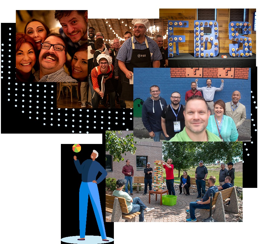 FBS team collage showing employee gatherings, cooking, and an outdoor block-stacking game