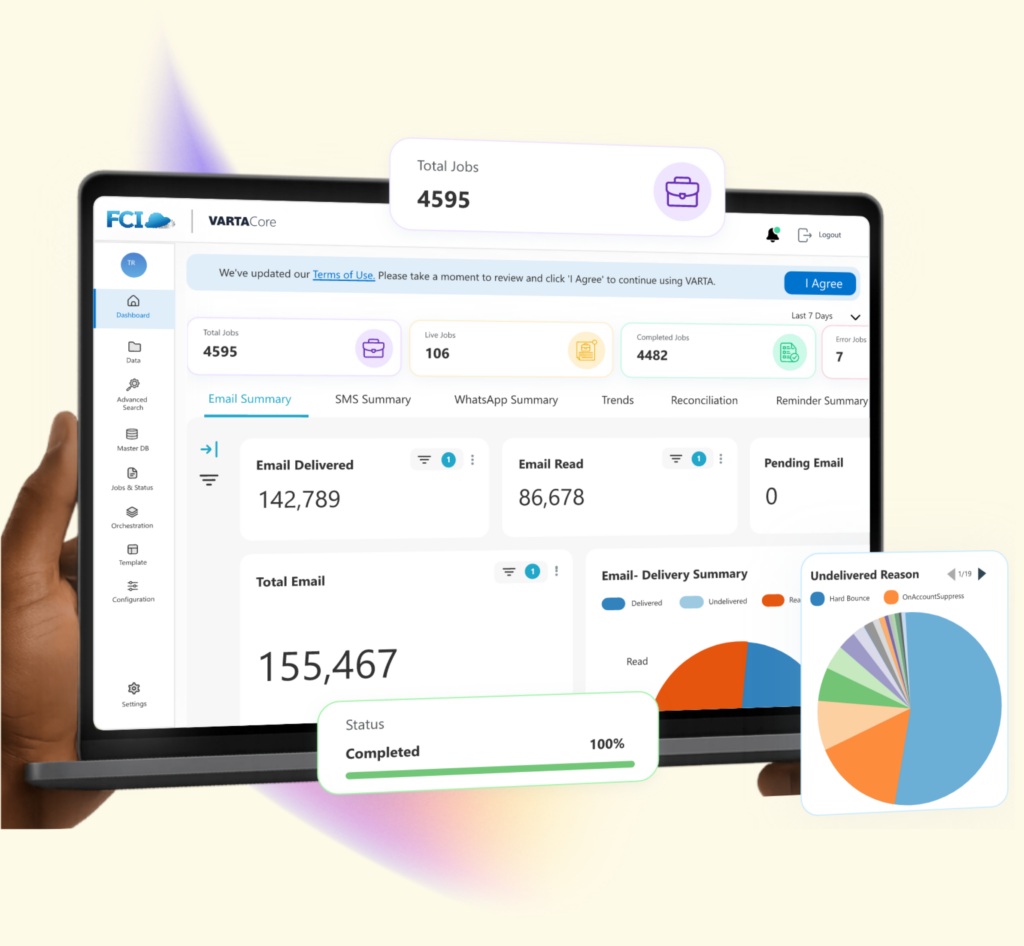 VARTA Core promotional image showing its jobs and message-delivery dashboard