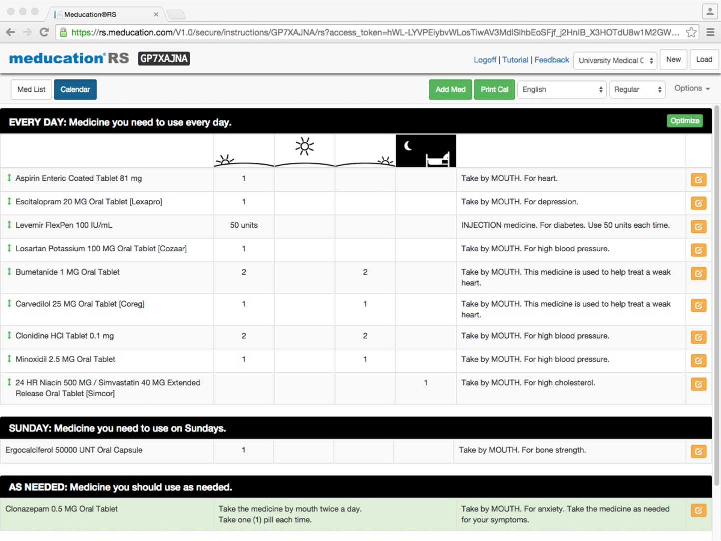 Public Meducation RS example showing medication instructions organized by time of day