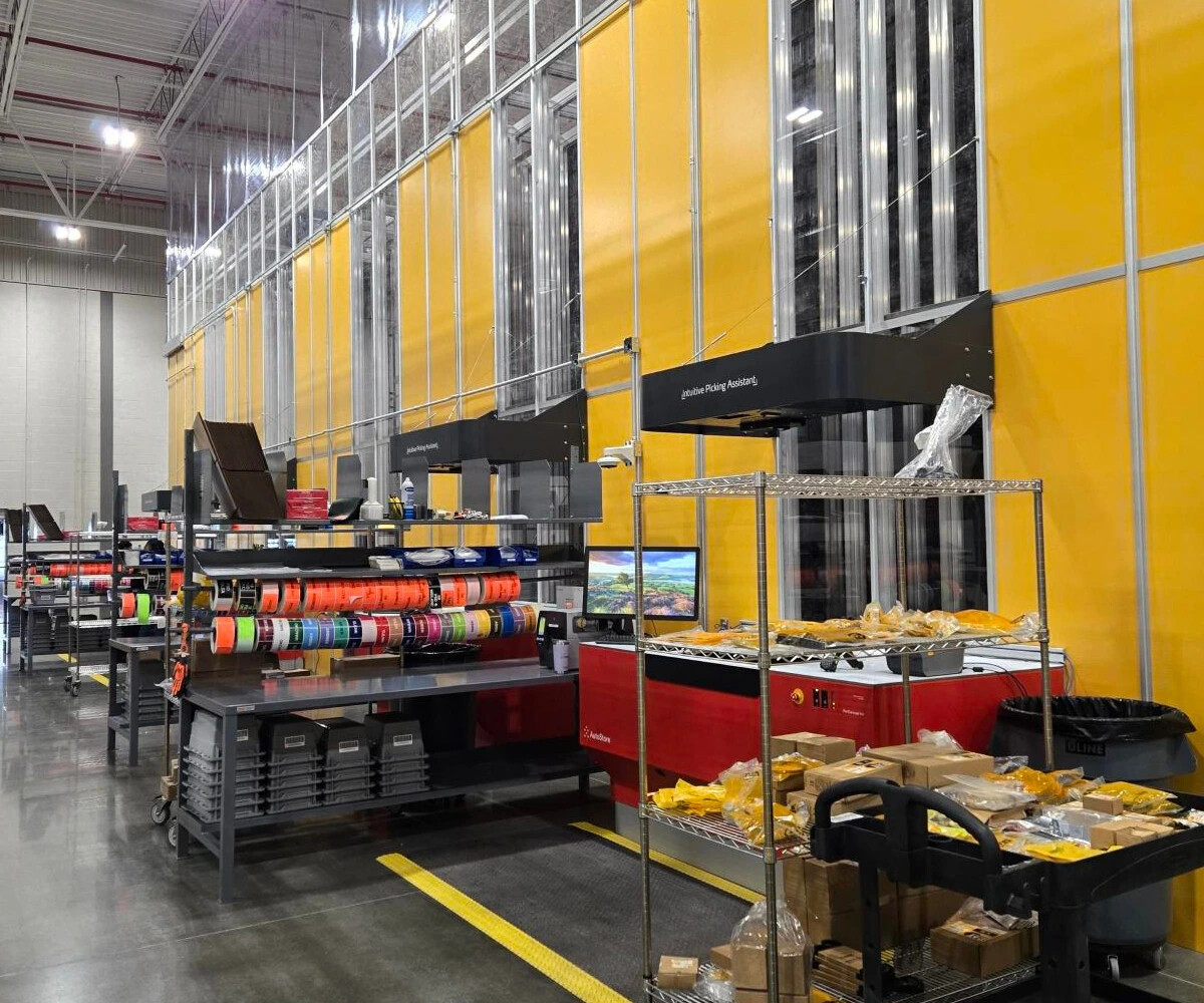 Automated storage workstations inside Warren CAT's parts facility