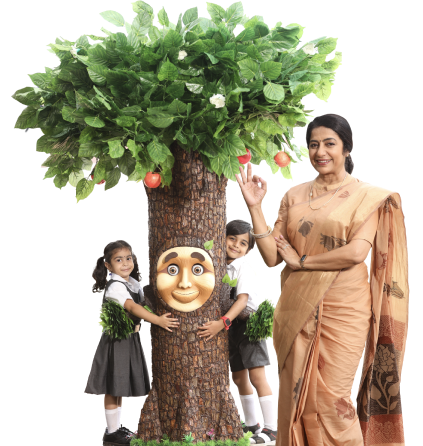 Official promotional photo of My Talking Tree with a teacher and two children beside its tree-shaped robotic character