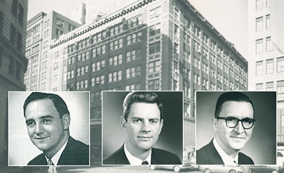 Archival montage of three Federated founders against Pittsburgh buildings