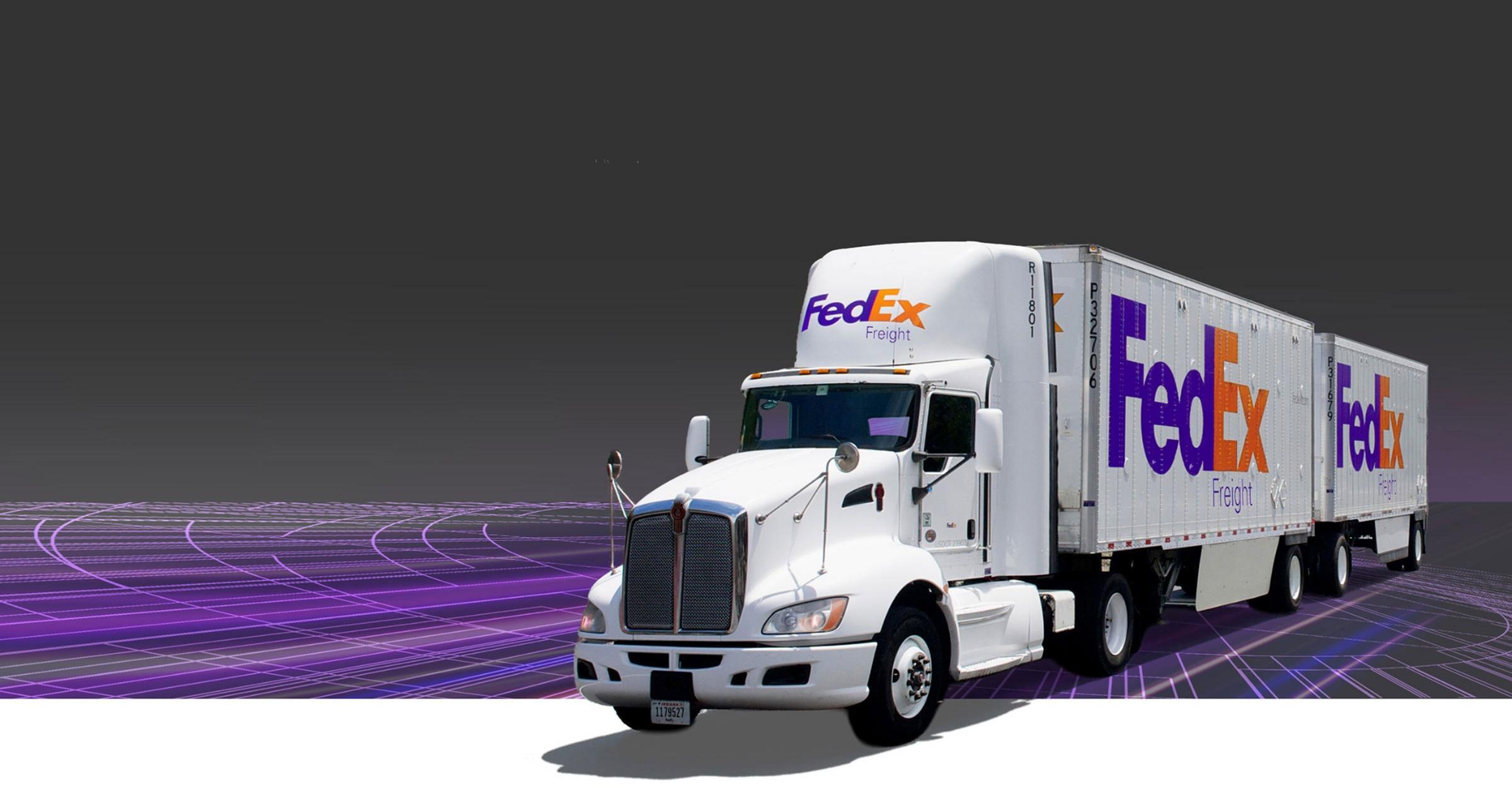 Official FedEx Freight artwork showing a tractor pulling two branded trailers