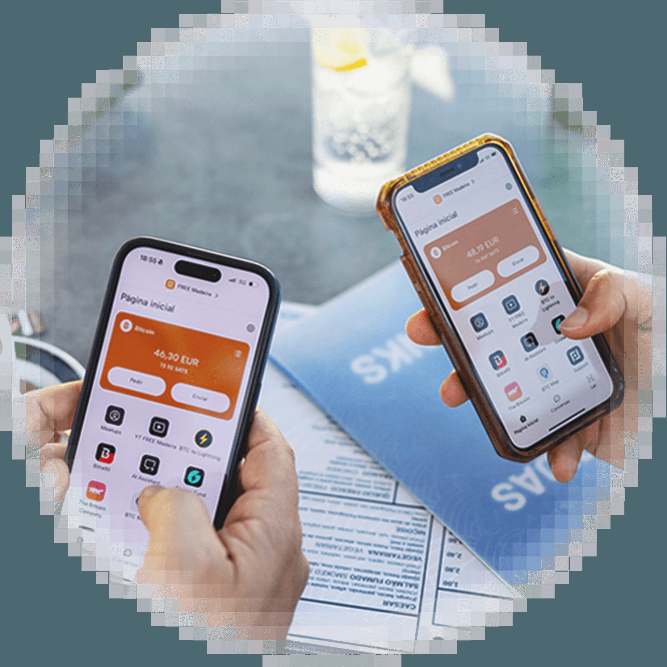 Two phones showing the Fedi wallet and Mini Apps