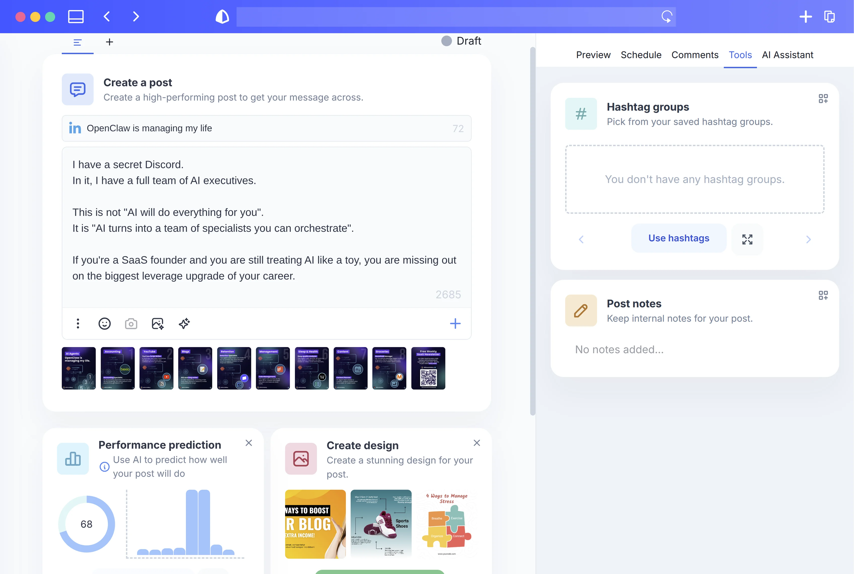 FeedHive composer showing a LinkedIn draft, post tools, performance prediction, and design options