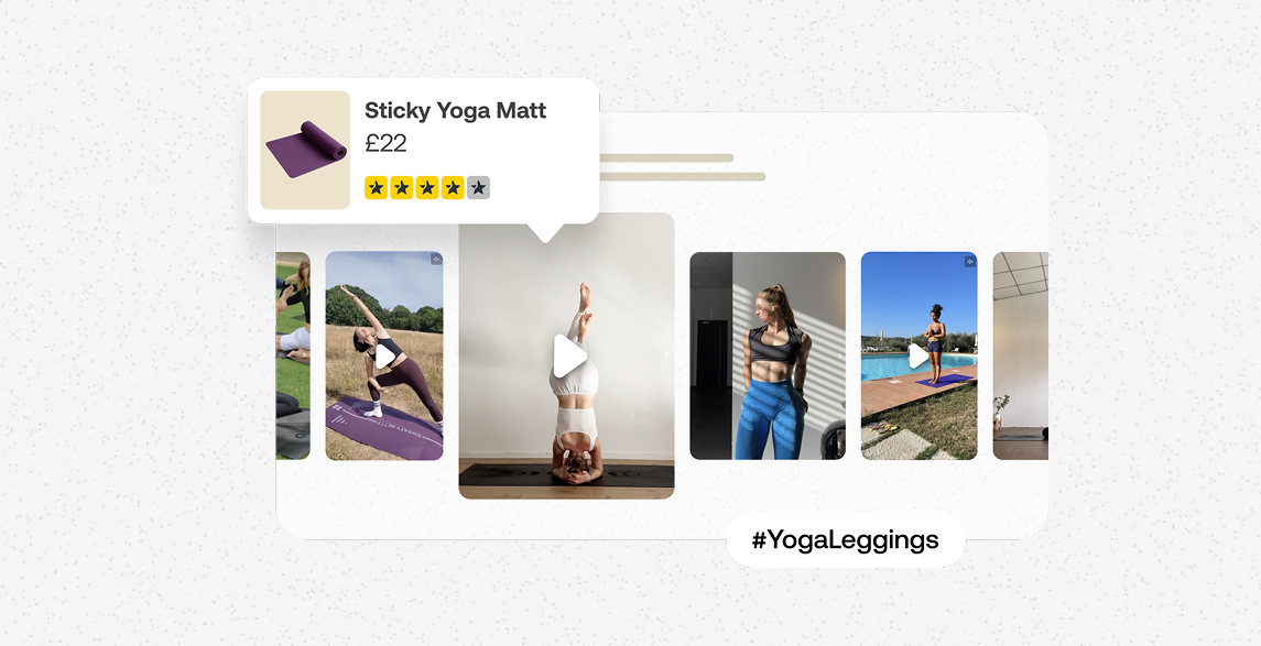 Feefo Social illustration showing customer yoga videos alongside a tagged yoga mat product