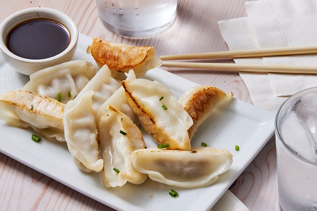 Feel Good Foods potstickers arranged on a plate