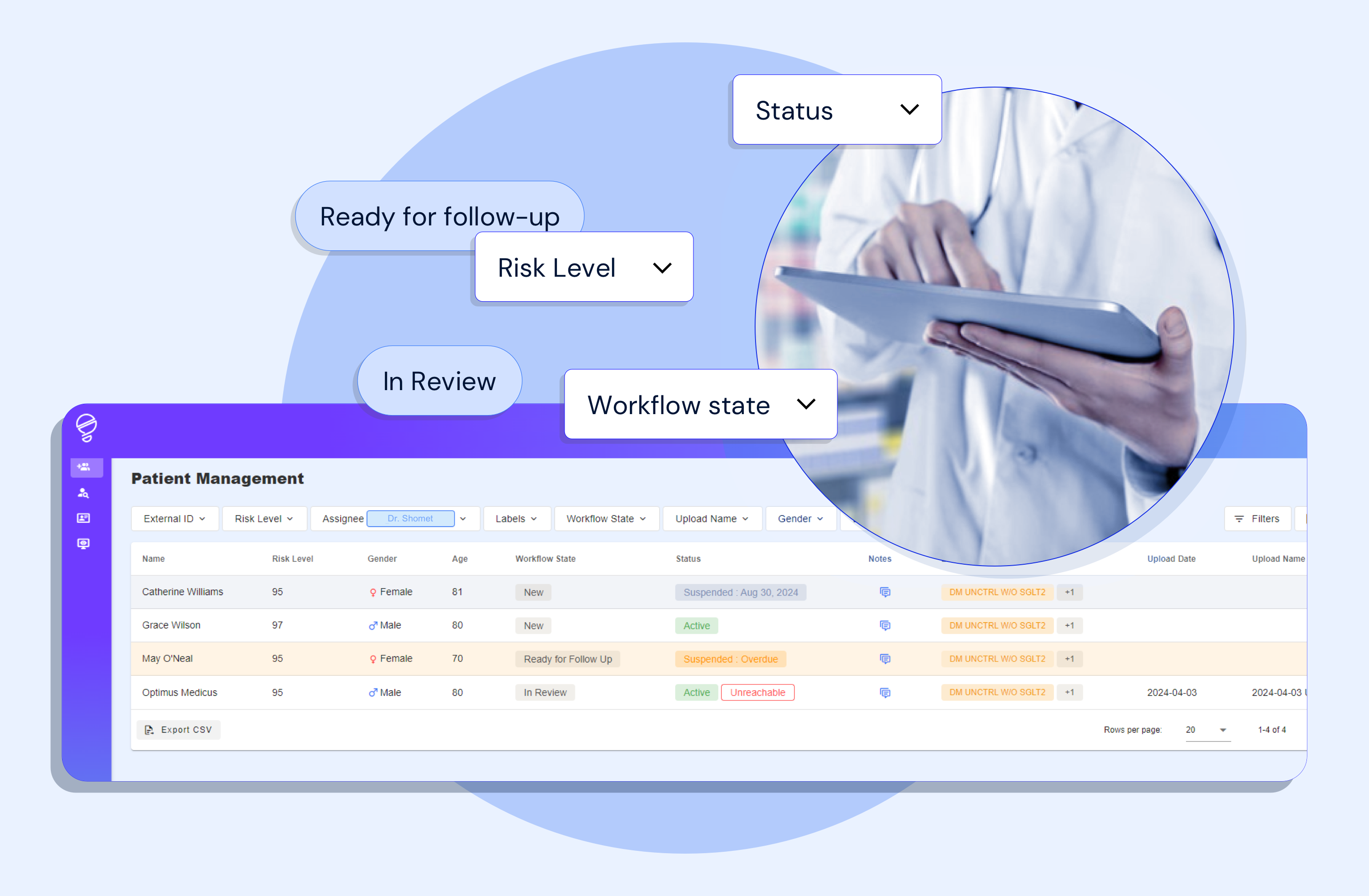FeelBetter Navigator product illustration showing a patient management queue and risk filters