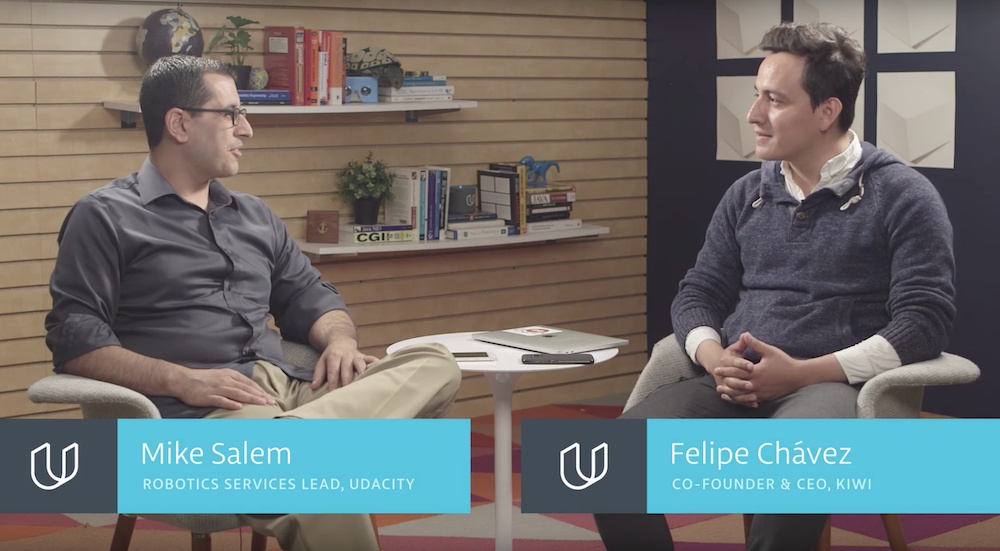 Felipe Chávez, right, speaking with Udacity’s Mike Salem in a seated interview