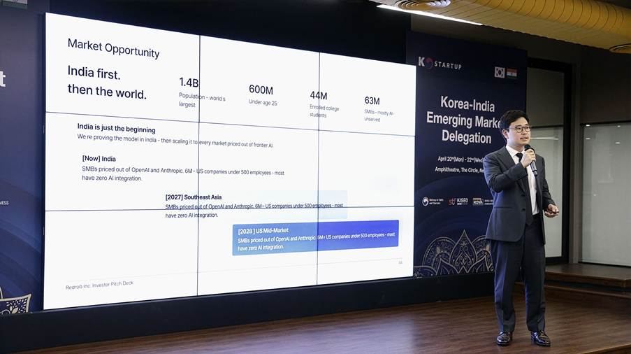 Felix Kim presents affordable large language models for emerging markets to an audience at the Korea-India Emerging Market Delegation in Gurugram