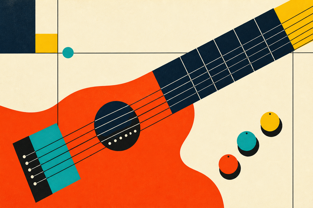 Abstract Swiss-style composition inspired by guitar strings, frets, pickups and control knobs