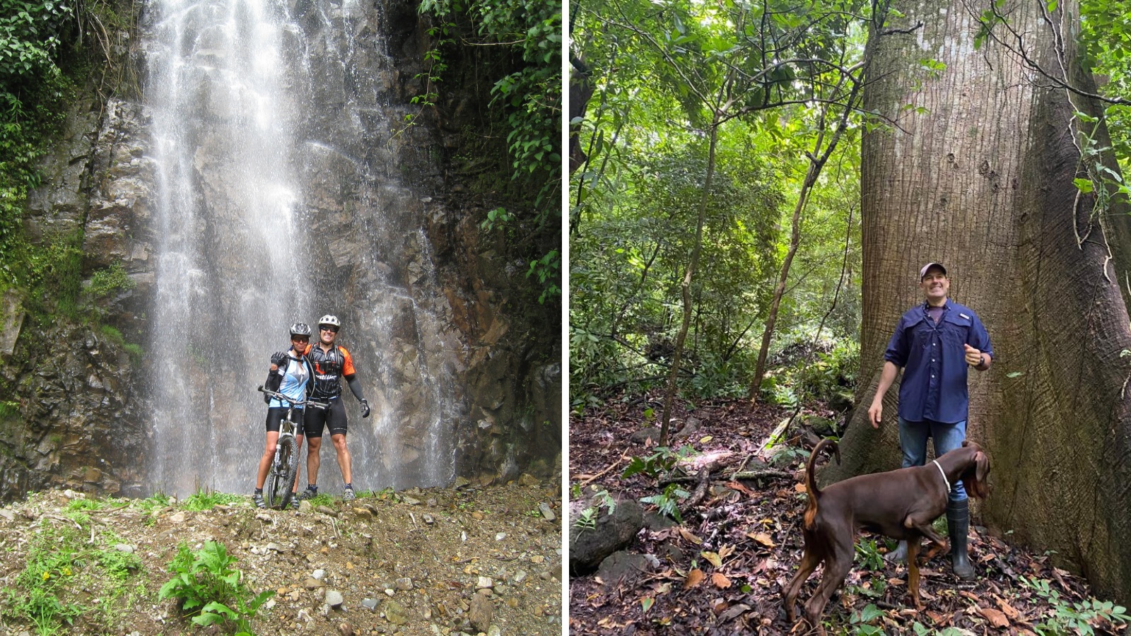 Fernando Alvarado and Carolina mountain biking beside a waterfall, and Alvarado in a Costa Rican forest with dogs