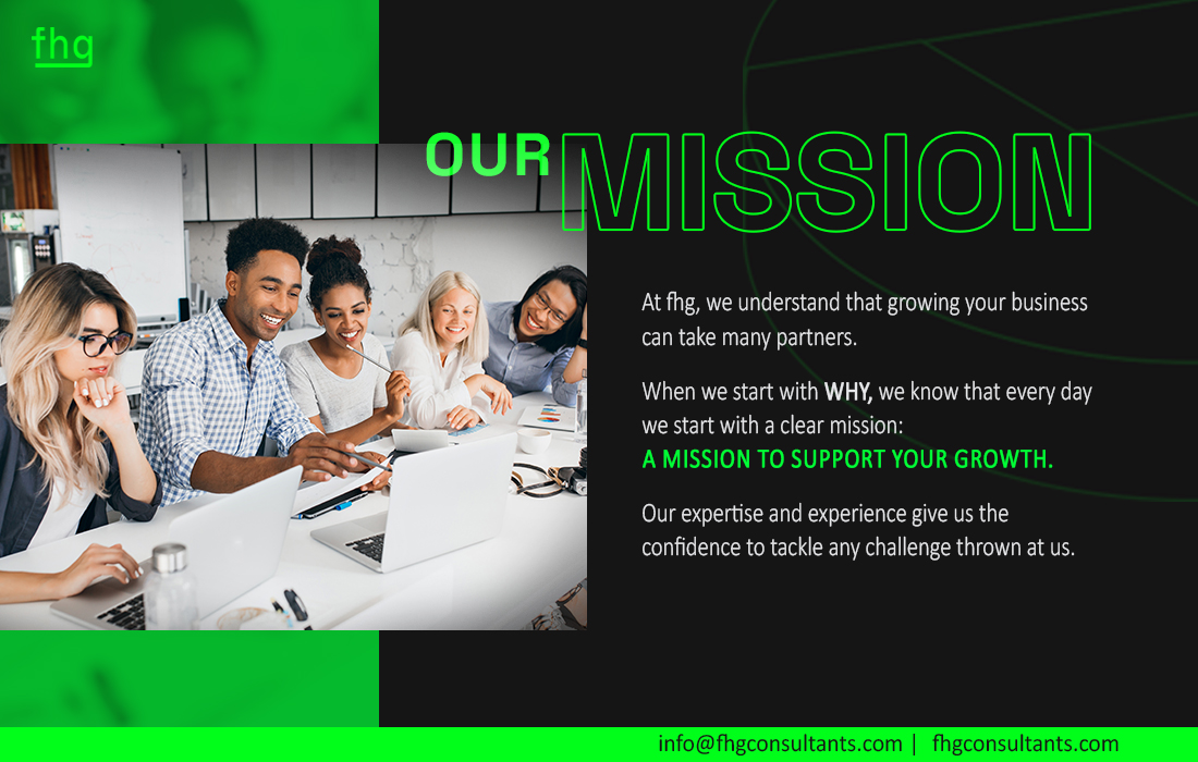 FHG promotional slide pairing a collaborative office scene with its mission to support business growth