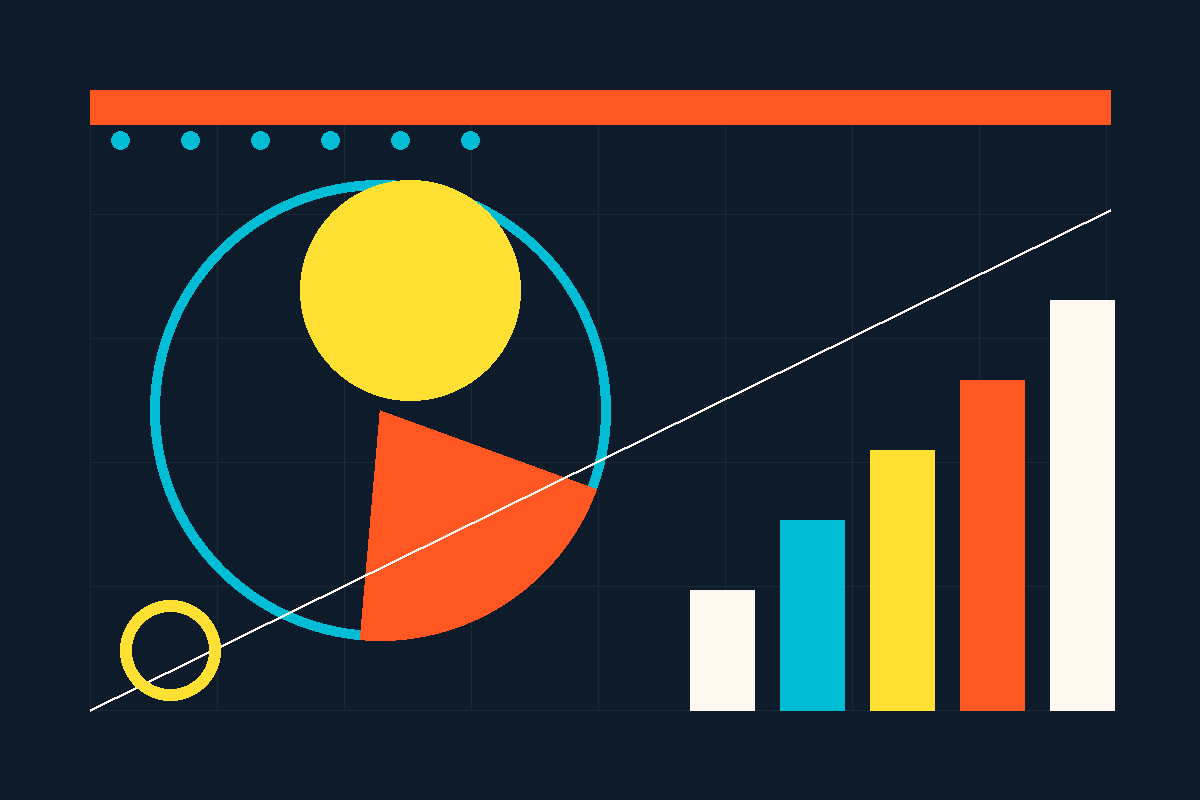 Swiss-style geometric composition of circles, an ascending bar chart and a pie segment in navy, yellow, teal and orange
