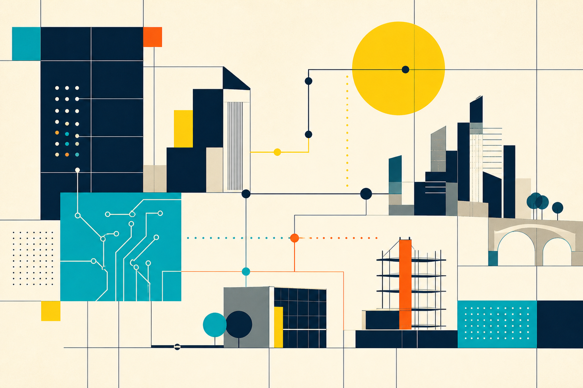 Abstract Swiss-style illustration of buildings, circuitry and connected capital flows