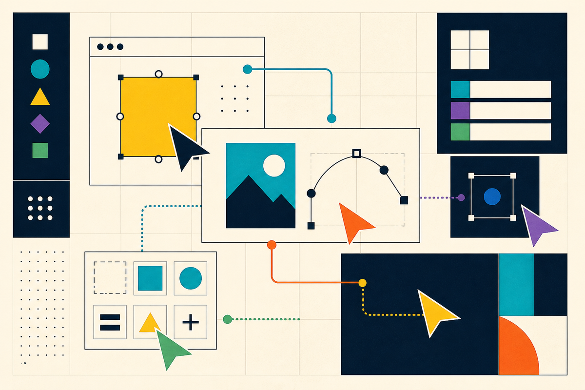 Abstract Swiss-style composition of shared interface frames, vector points and colorful cursors