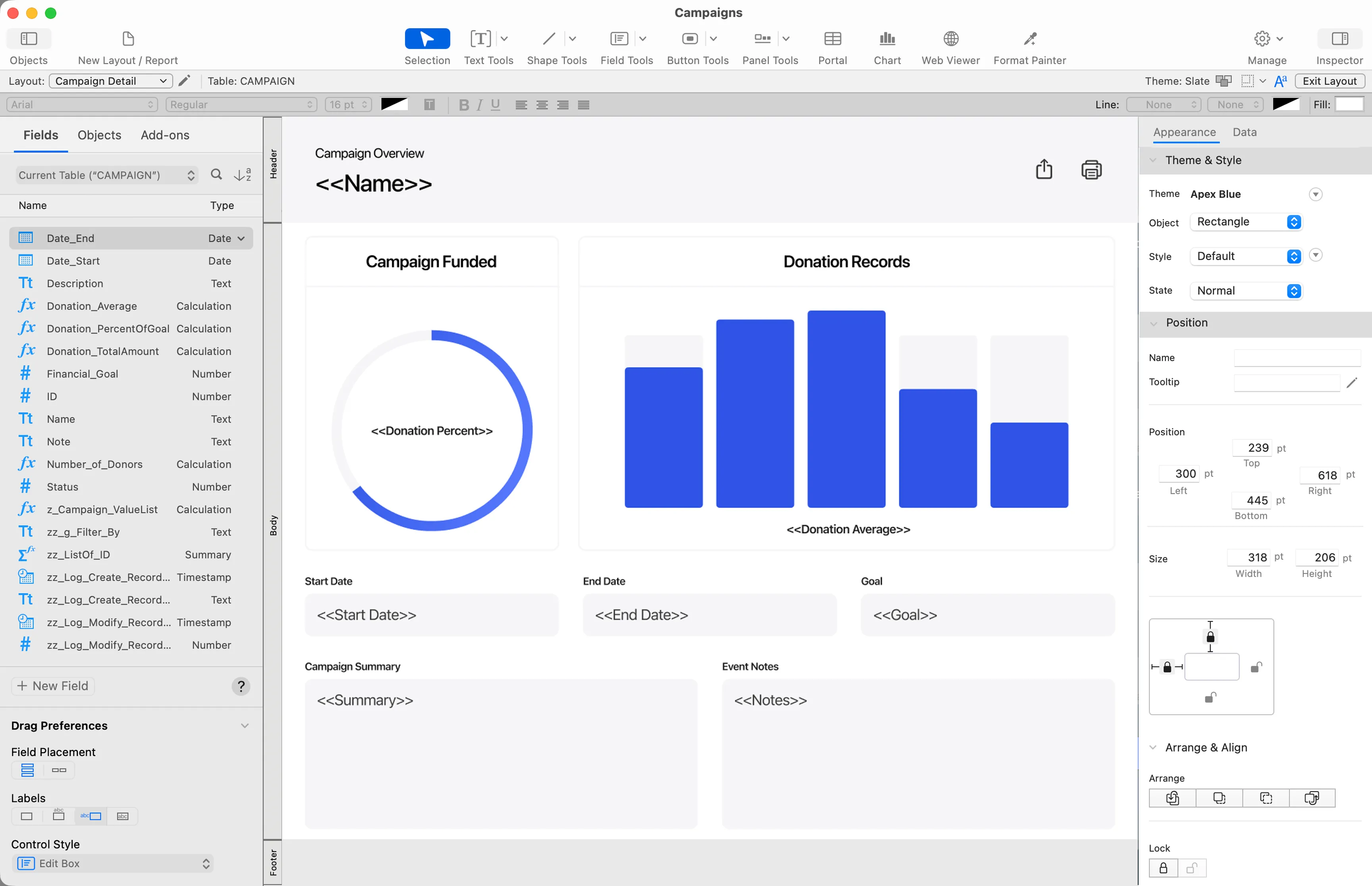 FileMaker app builder with layout tools and a campaign dashboard