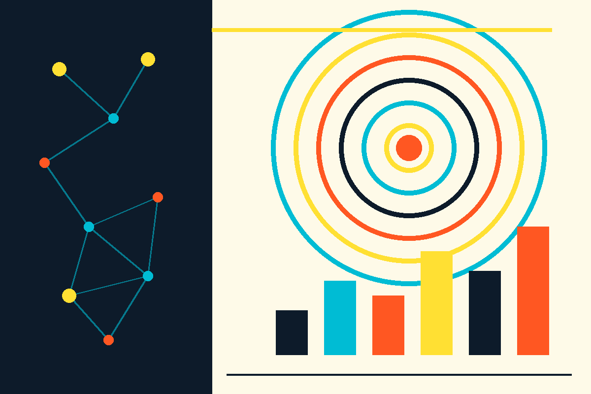 Swiss-style graphic of a blockchain node network, concentric finality rings, and a rising bar chart