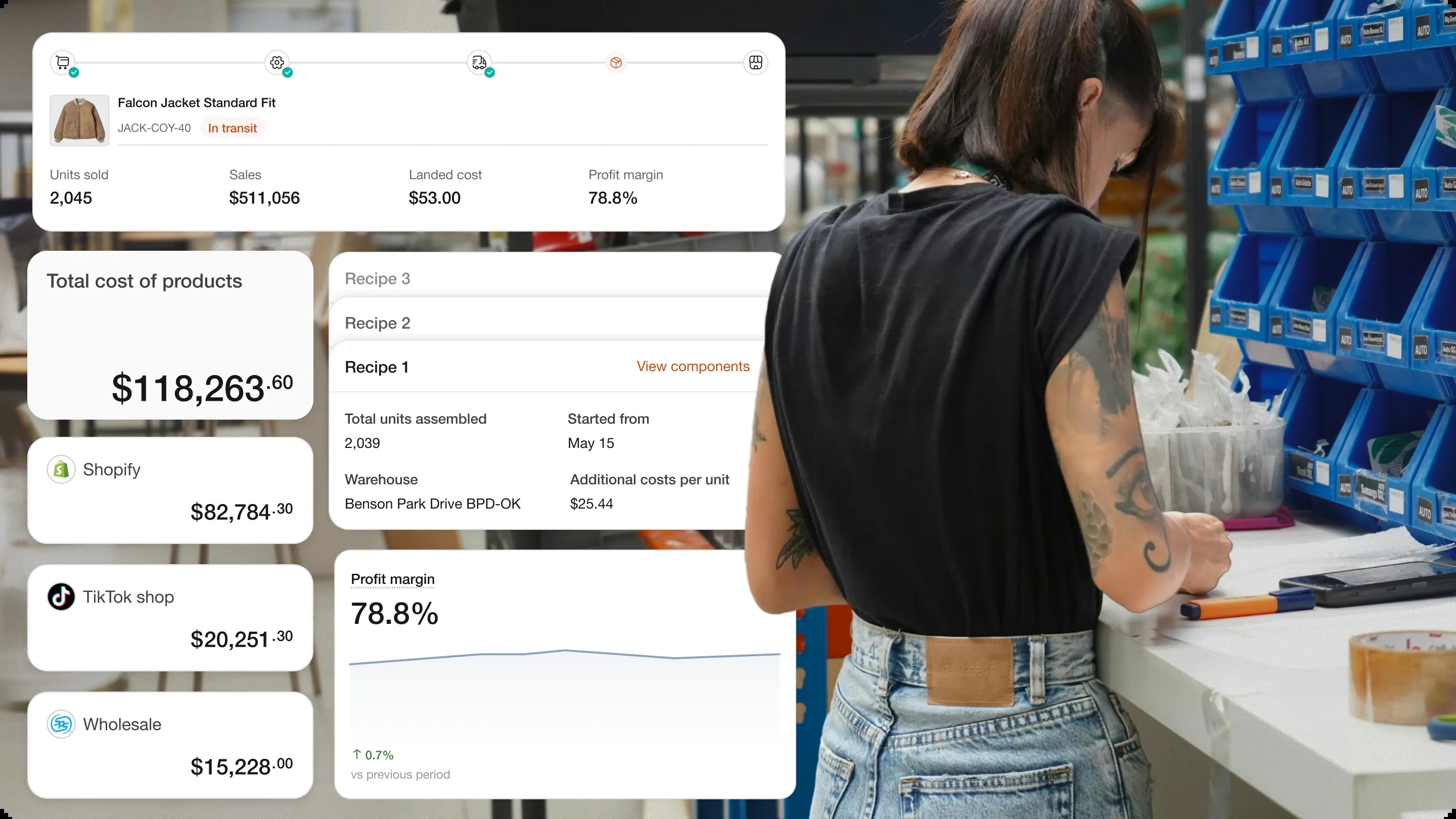 Finaloop InventoryIQ product interface showing inventory and financial information