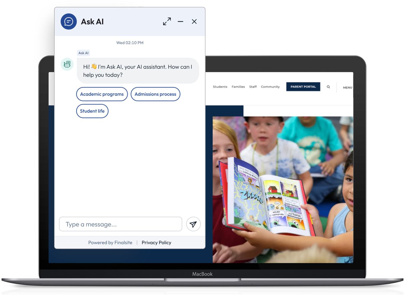 Finalsite Ask AI school website assistant shown in a laptop product mockup