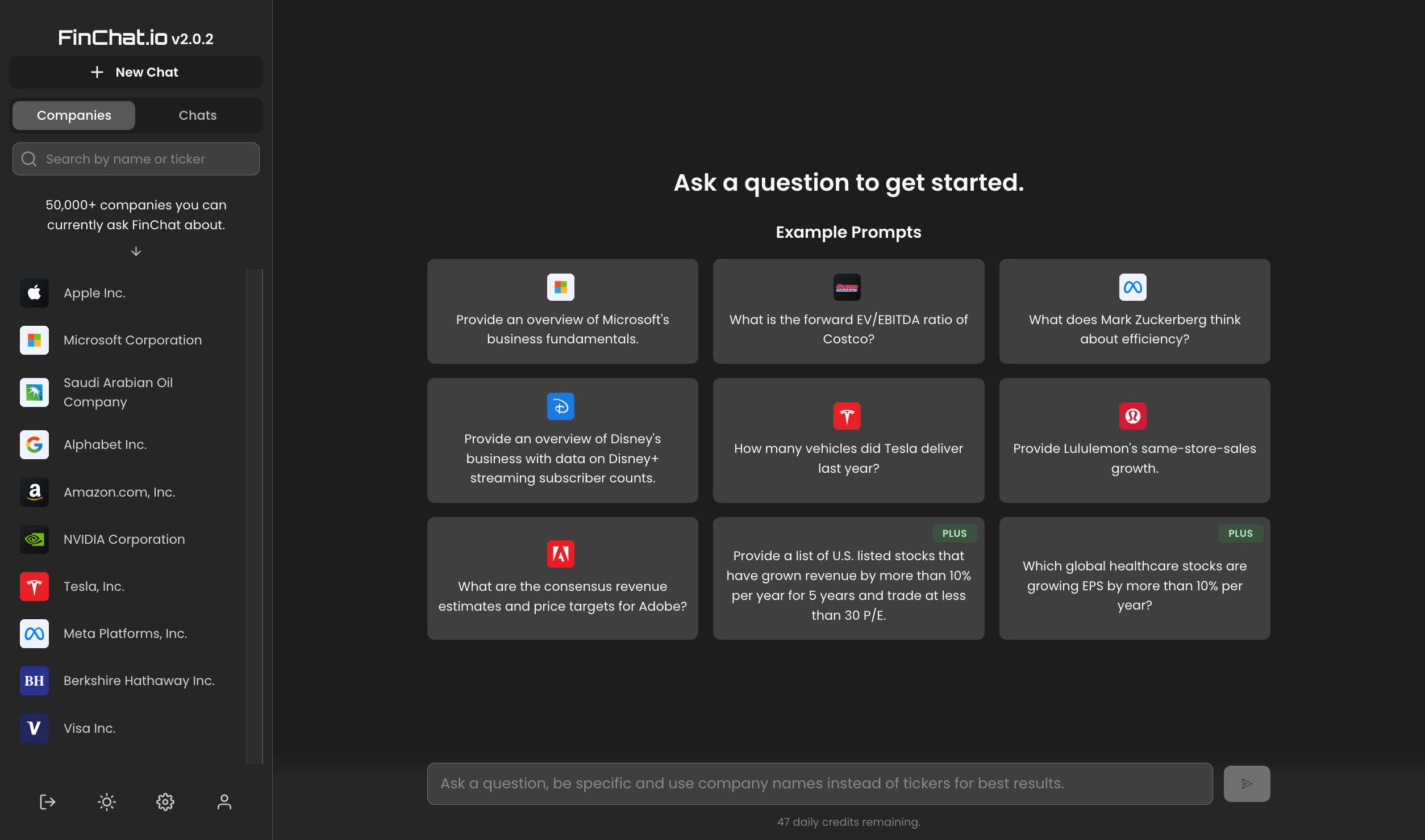 Earlier FinChat AI research interface with company list and suggested prompts