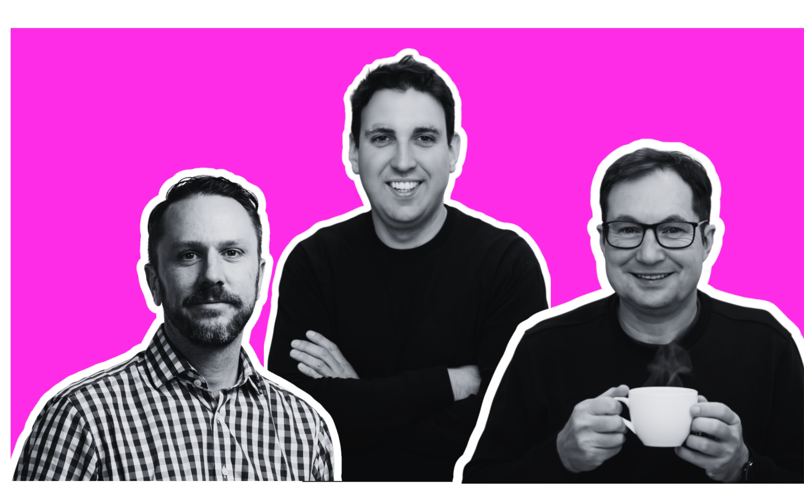 Fincore’s official team portrait collage featuring three colleagues against a bright pink background