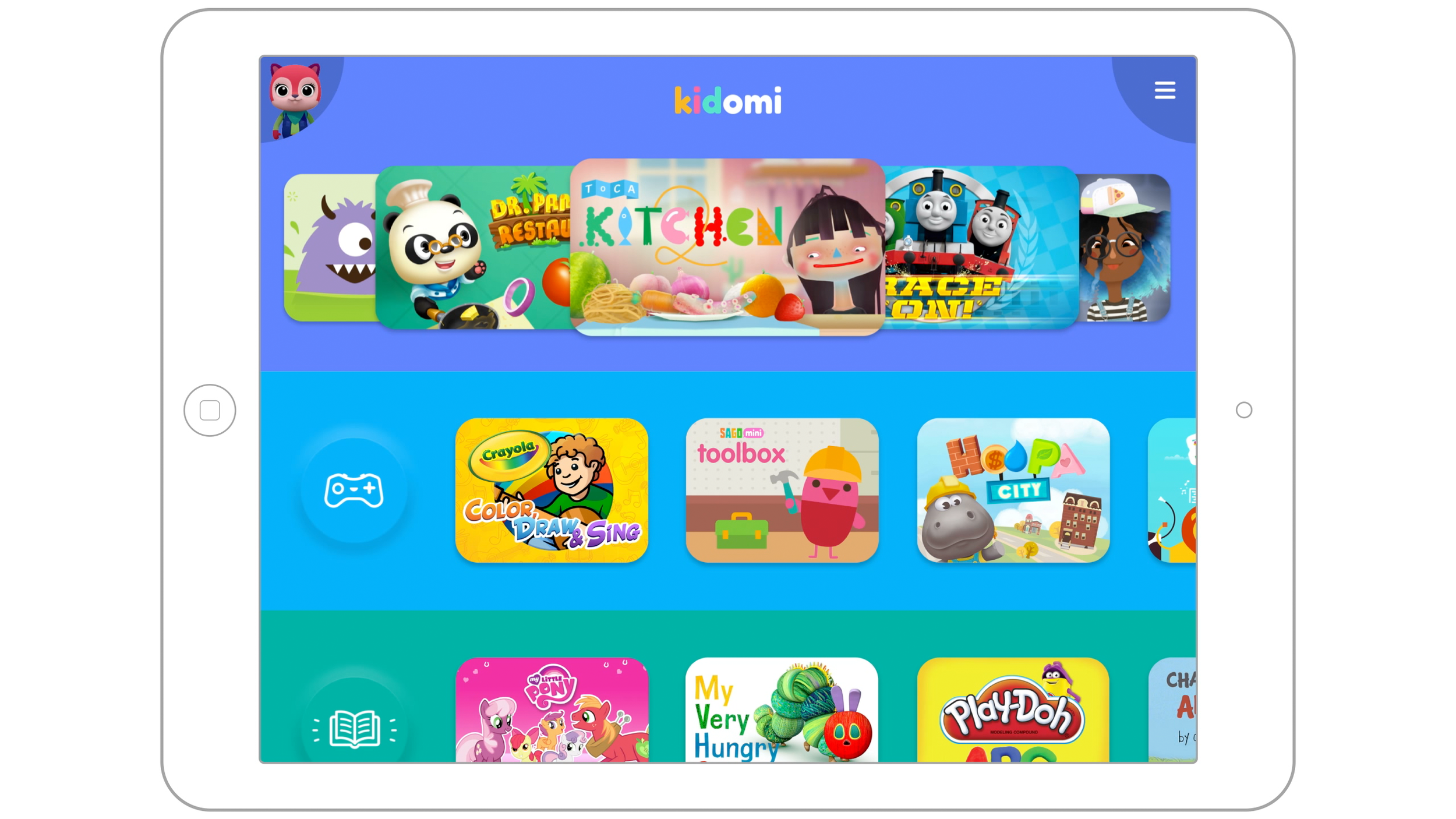 Kidomi interface showing children's games, books and familiar characters in a tablet