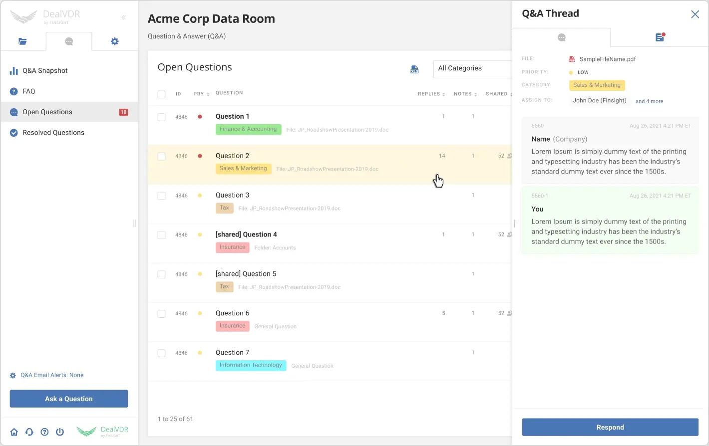 DealVDR sample Q&A interface showing open questions, categories and a selected discussion thread