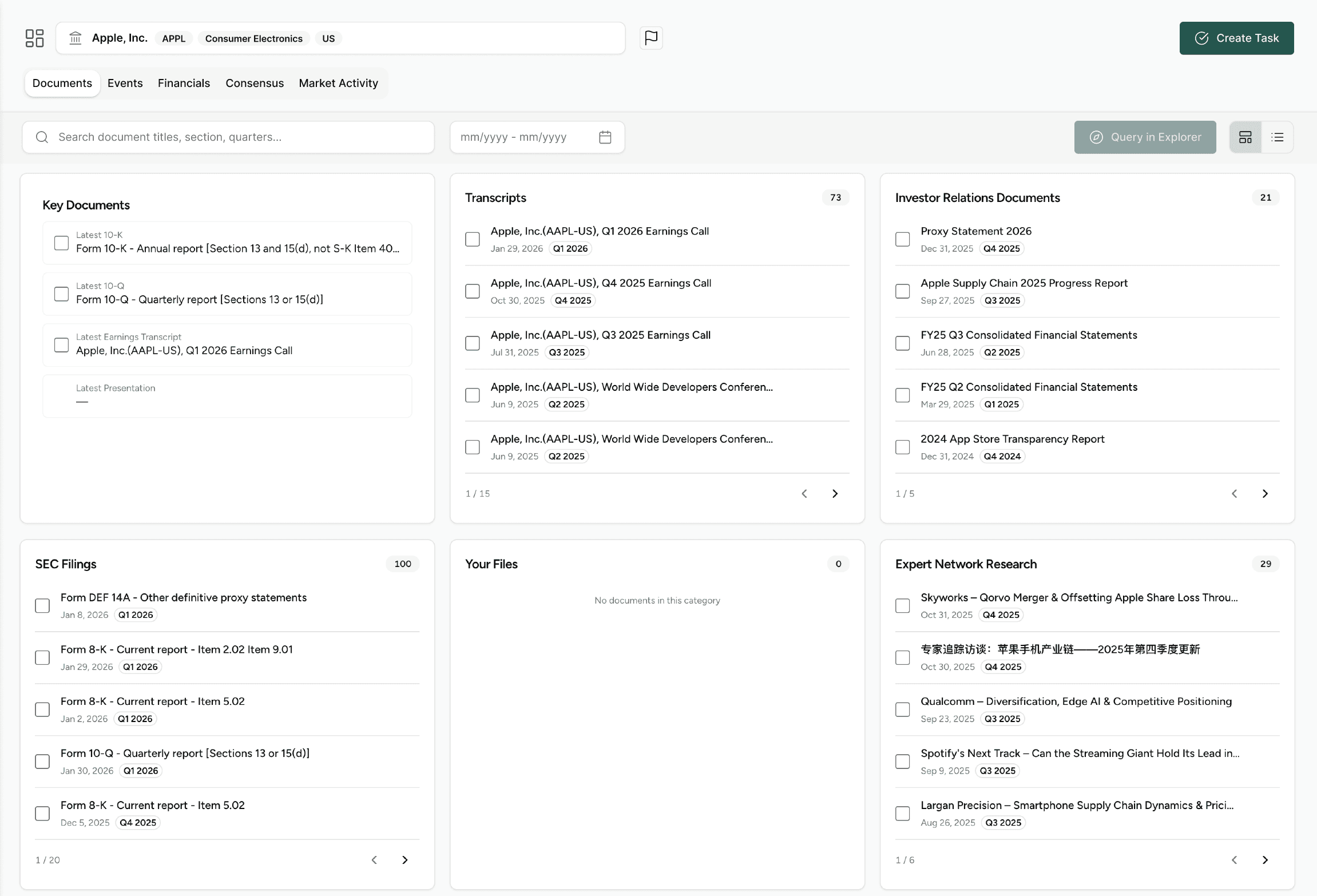 Finster AI Dashboard showing documents, transcripts, filings and saved research