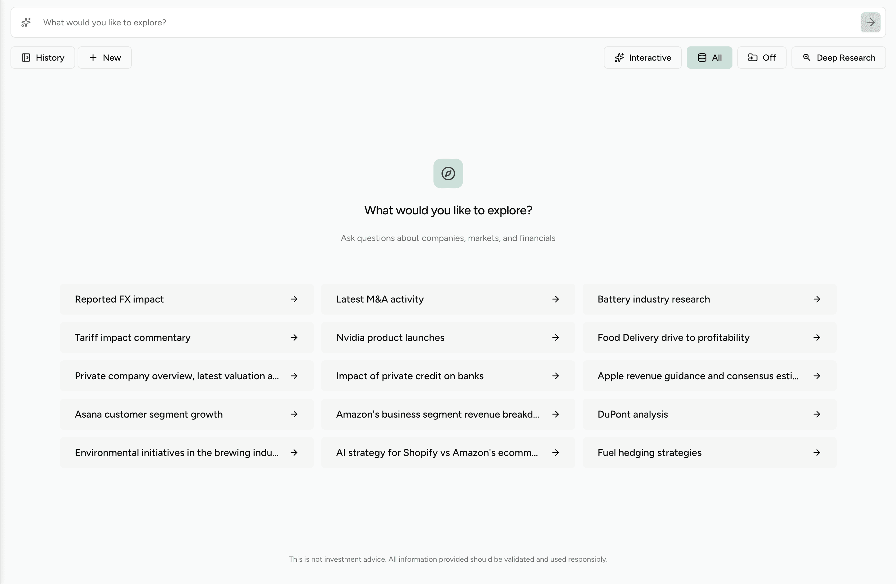 Finster Explorer interface with suggested financial research questions