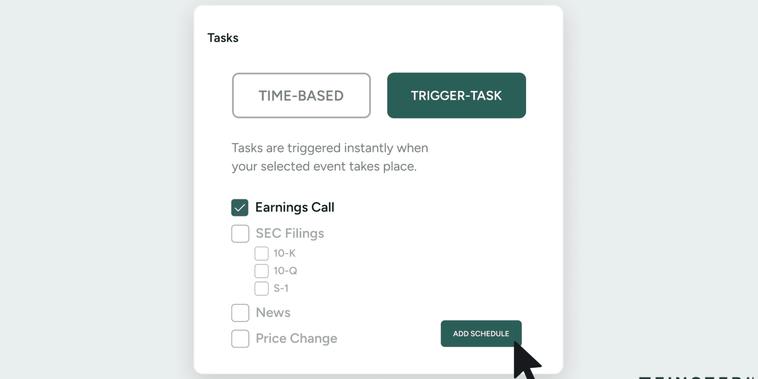 Finster AI trigger task menu with earnings calls and SEC filings