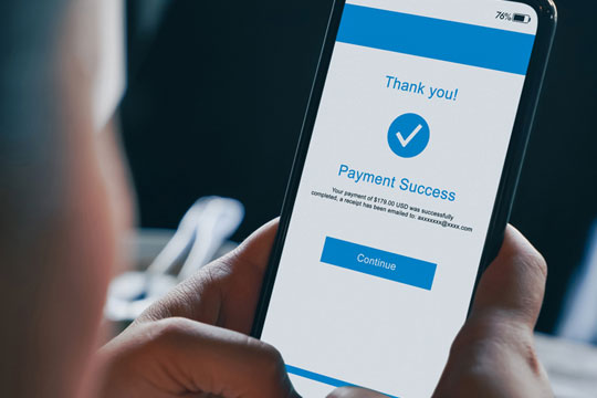 Illustrative payment-success screen on a phone, from Finvi’s website