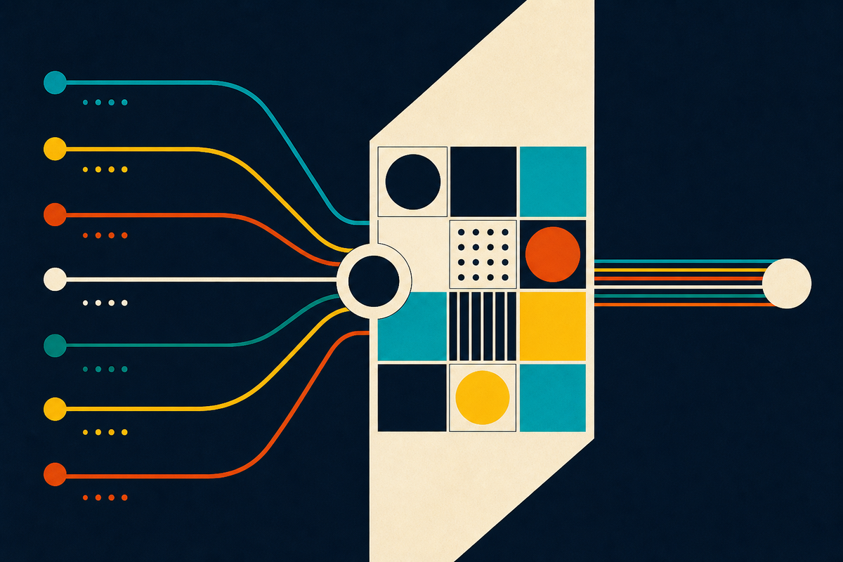 Abstract Swiss-style illustration of several payment rails converging into one modular banking system