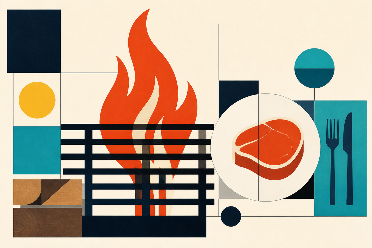 Abstract Swiss-style composition of a flame, grill, hardwood and dinner plate