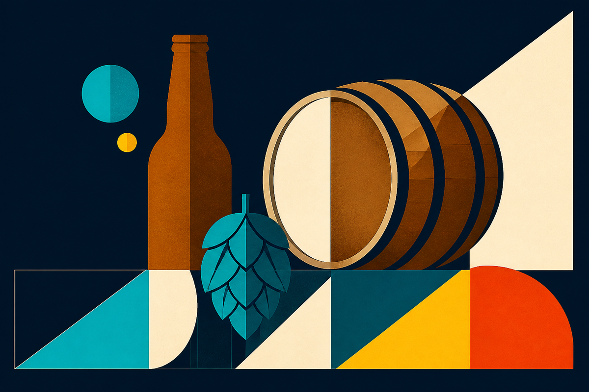 Abstract Swiss-style composition of an amber bottle, oak barrel and hop cone