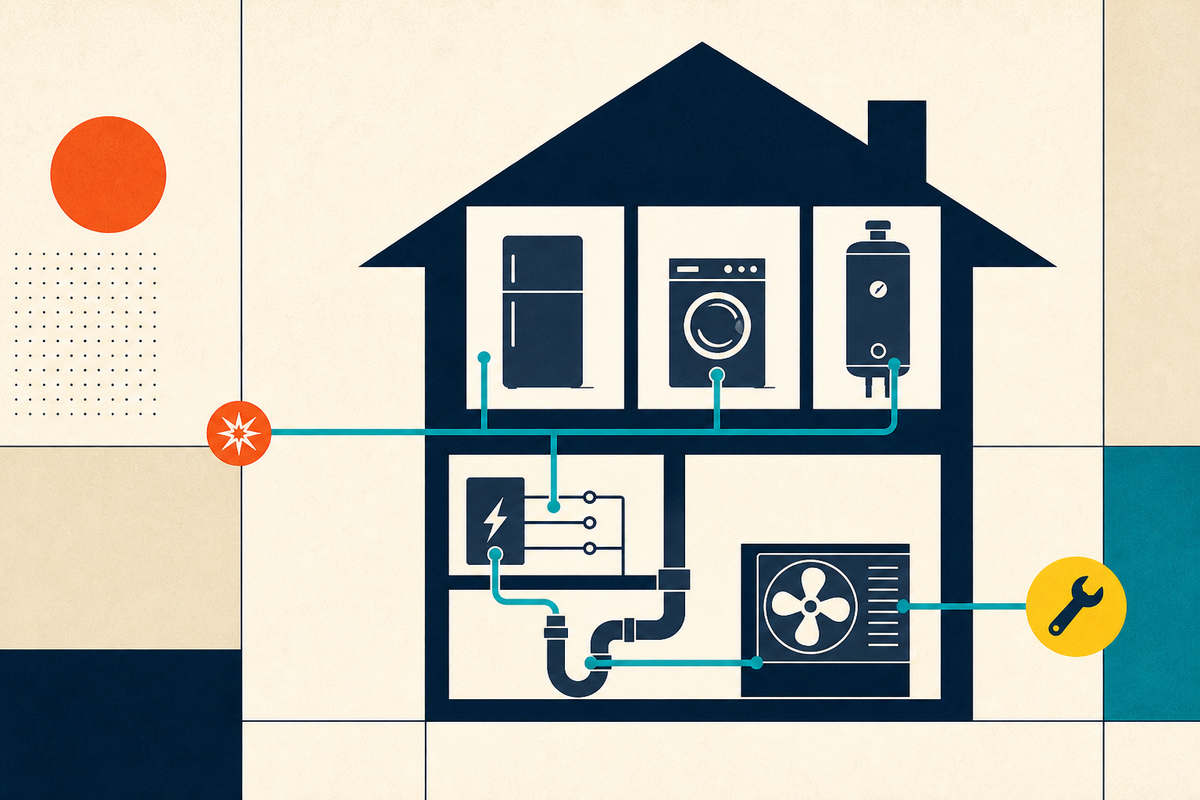 Abstract Swiss-style cutaway of a house connecting appliances and systems to a repair tool