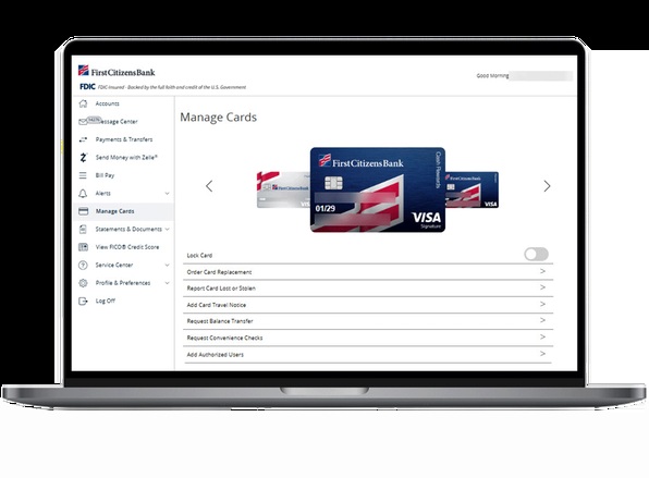 First Citizens business banking interface showing card management on a laptop