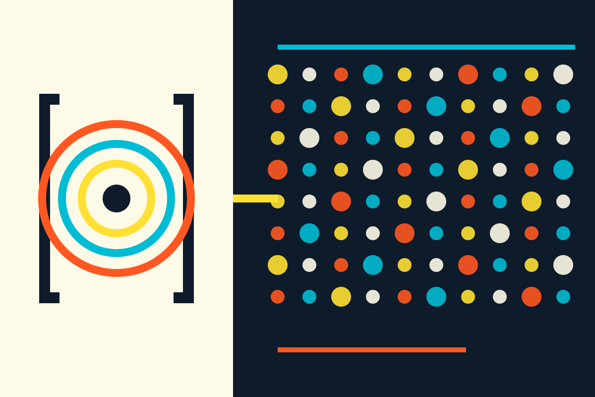 Swiss-style graphic: an open bracket with concentric rings feeding into a grid of colored dots representing a portfolio of funds