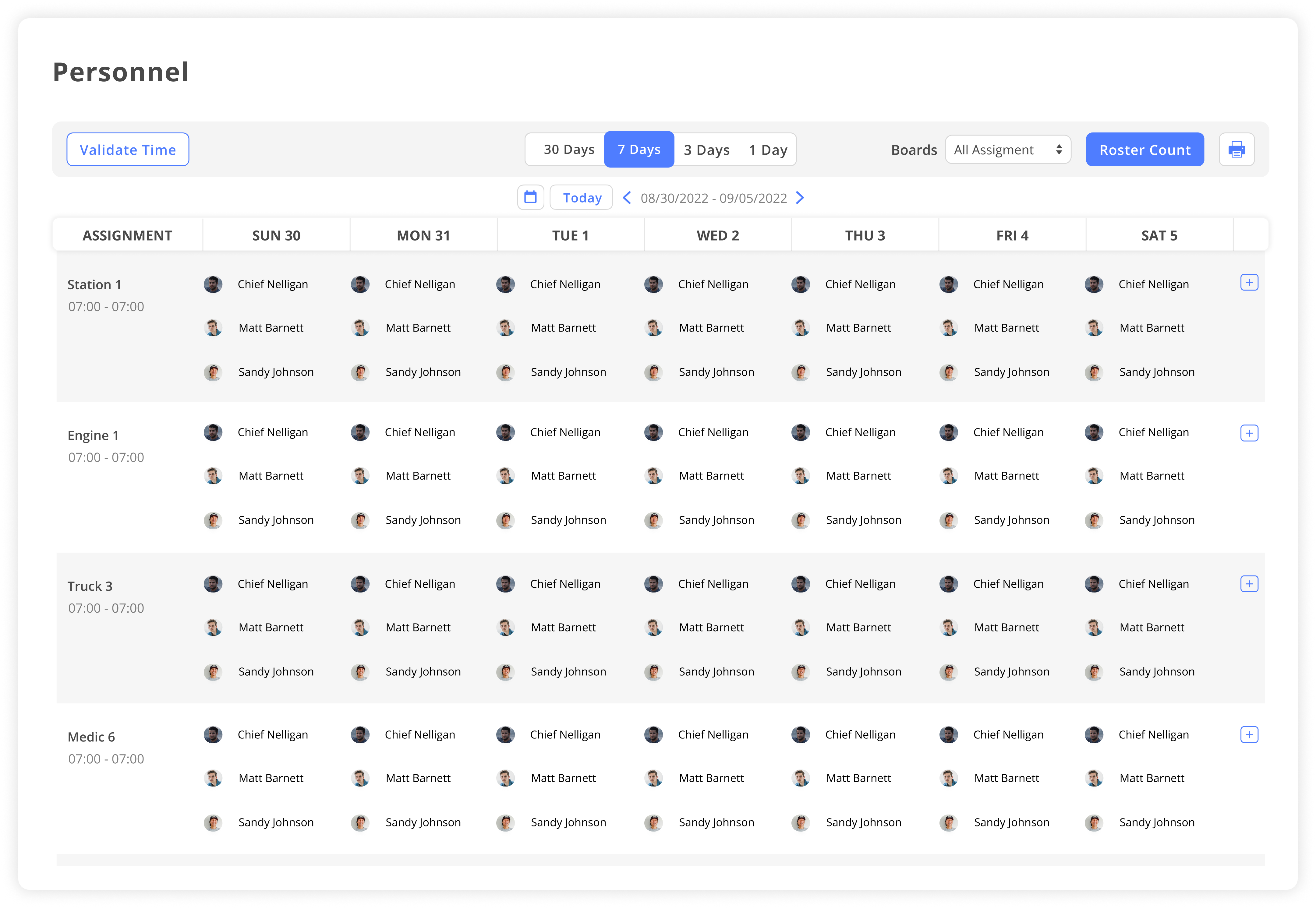 First Due scheduling product screenshot showing a seven-day roster organized by unit